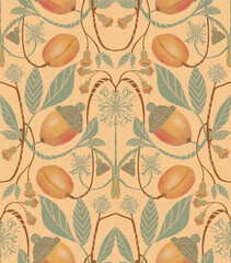 Seamless pattern ornament with apricots, leaves, snowflakes, caps and bells on an orange background. Winter digital illustration. Suitable for interior, wallpaper, fabrics, clothing, stationery.