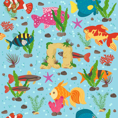 Seamless pattern with sea fish. Underwater world. Decorative algae and stones, Decor textile, wrapping paper, wallpaper design. Print for fabric. Cartoon flat isolated vector concept