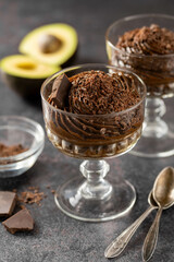 Avocado chocolate mousse pudding, keto vegan healthy dessert.