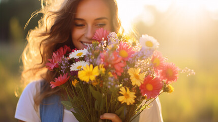 Naklejka premium A bright closeup of a youthful female joyfully clasping a radiant bunch of wild blossoms in a beaming pasture.