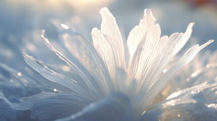 A macro shot of a sunlit snowdrop petal covered in delicate frost crystals.