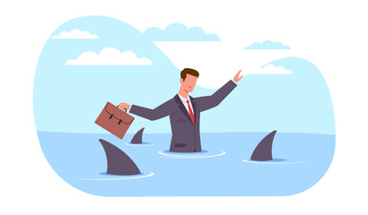 Unfriendly environment, frightened businessman is in water with sharks. Guy in office clothes, person in panic in trouble situation, stressful working. Cartoon flat style vector concept
