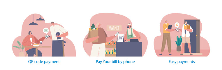 Isolated Elements with Characters Use Payment By Qr Code, Swift, Contactless Method. People Scan The Code