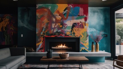 A concrete fireplace with a bold colorful mural. AI generated - obrazy, fototapety, plakaty