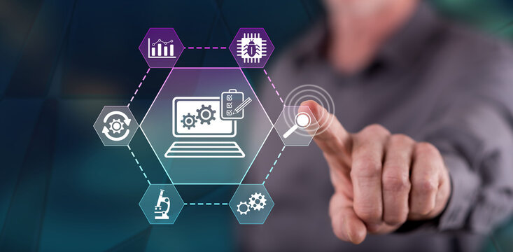 Man touching a software testing concept