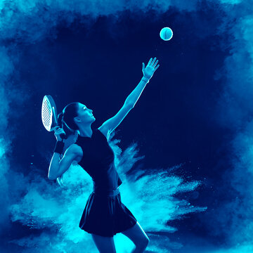 Padel tennis player in social media template. Girl athlete with paddle tenis racket on blue background. Social media ads mockup. Thumb up.