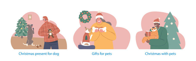 Isolated Elements with Characters Joyfully Bestow Christmas Gifts Upon Their Beloved Pets, Celebrating Holiday Spirit