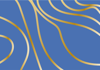 Fondo azul con líneas doradas curvas.