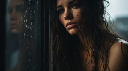 A dejected female, meditating at a rain-drenched window, pondering the unknowns of life and the allure of misery.