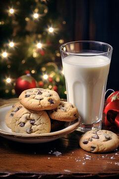 With the holiday spirit in full swing, this photo showcases a glass of milk and cookies for Santa. This delightful offering is a cherished tradition on Christmas Eve.
