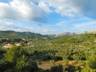 Fototapeta na wymiar Landscape with a valley of the Alpilles covered with olive trees and some trees under a blue sky with heavy clouds in Provence in France 