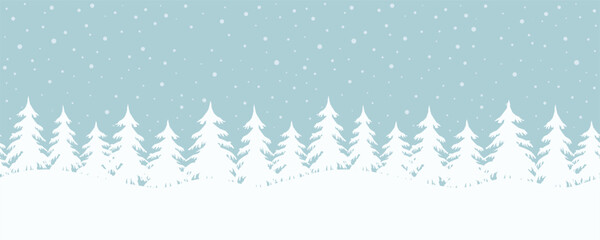 Winter landscape. Seamless border. Christmas background. White fir trees silhouettes on blue background. winter forest in snowy day. Vector illustration