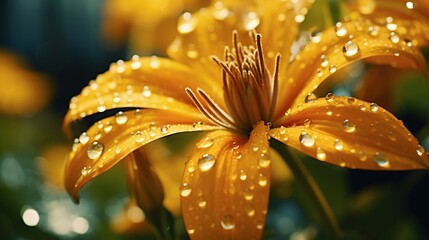 A macro shot of dewdrops glistening on the petals of a Golden Gloriosa in
