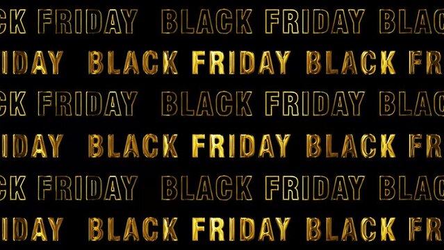 golden Black Friday animation with scrolling text on black background, promotion and sale loop animation