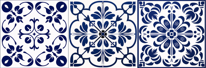 This baroque-style ceramic flower pattern background features a seamless, blue and white porcelain victorian design with a large floral centre frame. - obrazy, fototapety, plakaty