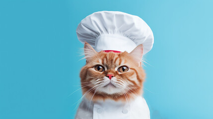 Cute serious ginger cat in white chef's hat on blue background. Red cat in the form of cook. Copy space. Close-up.