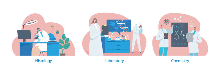 Isolated Elements With Characters in Scientific Laboratory. Scientists Working with Dna, Looking through Microscope