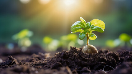 Close-up of green potato sprout sprouting from potato tuber, lost during planting in early spring. The green plant is illuminated by sunlight the rising sun. Blurred background. Copy space. - obrazy, fototapety, plakaty