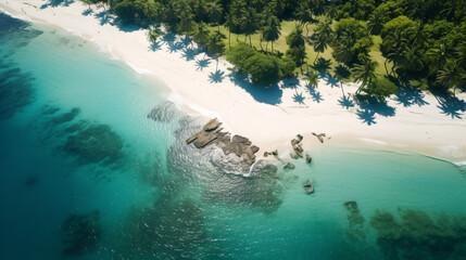 A magnificent aerial view of a tropical isle with sparkling aqua seas and pearl-like shores.