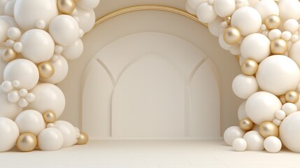 Fototapeta na wymiar Generative AI, arch of white and golden balloons. Mock up for wedding, Christmas or other holiday 3d background 