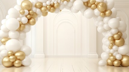 Obraz na płótnie Canvas Generative AI, arch of white and golden balloons. Mock up for wedding, Christmas or other holiday 3d background 