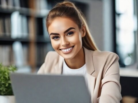 a young smiling beautiful woman is working at a laptop in the office