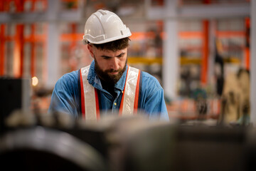 Young male engineer in metal sheet factory Responsible work is being inspected at the actual work site