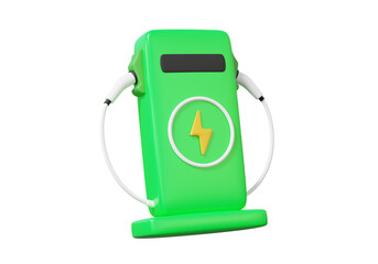 Realistic green electro car charging station on isolated background. electrical ecology environment energy technology, auto accumulator recharging, minimal cartoon style. 3d render illustration