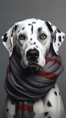 Sitting dalmatian dog with a knitted scarf around neck portrait art poster desktop 