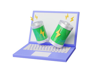 Level environment battery energy green full battery charging icon status on computer laptop isolated background. sign charge indicator lightning. minimal cartoon style. 3d render. illustration element