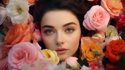 Obraz na płótnie Canvas Beautiful white girl with flowers. Stunning brunette girl with big bouquet flowers of colorful roses. Closeup face of young beautiful woman with a healthy clean skin. Pretty woman with bright makeup