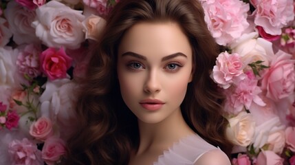 Obraz na płótnie Canvas Beautiful white girl with flowers. Stunning brunette girl with big bouquet flowers of pink roses. Closeup face of young beautiful woman with a healthy clean skin. Pretty woman with bright makeup