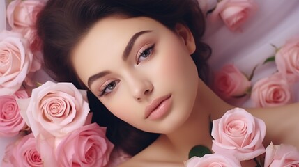 Beautiful white girl with flowers. Stunning brunette girl with big bouquet flowers of pink roses. Closeup face of young beautiful woman with a healthy clean skin. Pretty woman with bright makeup