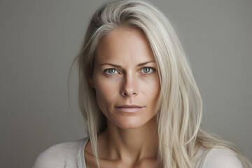 Portrait of a beautiful young redhead woman with freckles on her face.