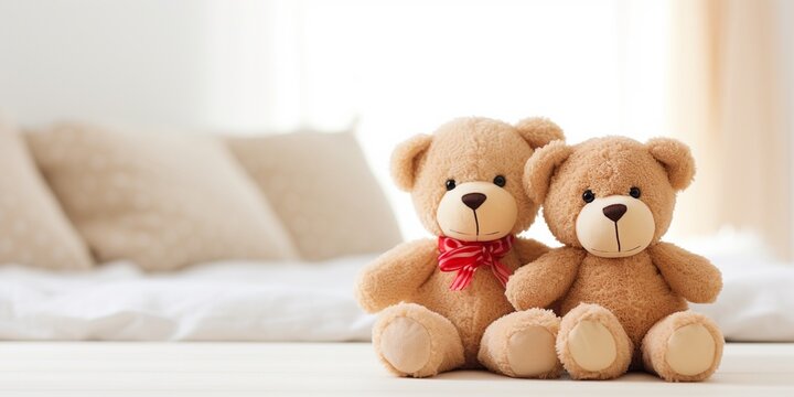 Two cute teddy bear toys sit on the clean bed lean on each other, concept of romantic relationship, valentine's day and still life.
