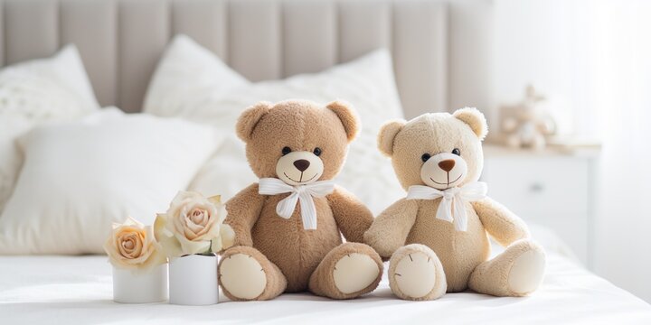 Two cute teddy bear toys sit on the clean bed lean on each other, white rose bouquet aside, concept of romantic relationship, valentine's day and still life. - Powered by Adobe