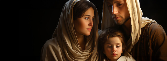  traditional Catholic art representation of the Holy Family.AI generativ.
