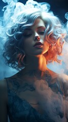 Ethereal blonde amidst blue smoke