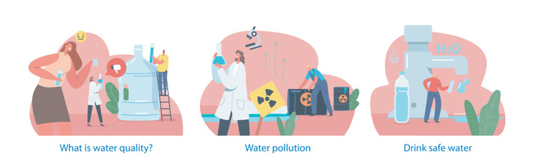 Isolated Elements With Characters Perform Water Quality Checkup Themes, Ensure Purity And Safety, Vector Illustration