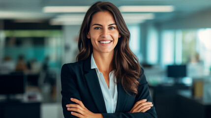 Naklejka premium Portrait of smiling confident female business lady wearing classic suit, looking at camera and standing in office, poses with crossed arms