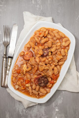 typical portuguese dish dobrada with beans in ceramic bowl