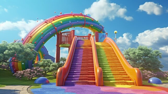 Colorful playground with rainbow slide
