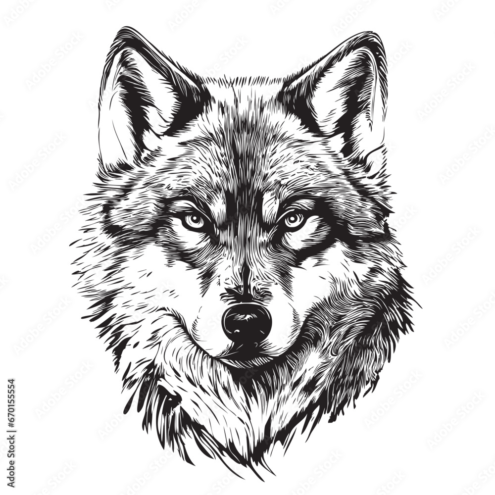 Poster Wolf face realistic hand drawn sketch illustration Wild animals