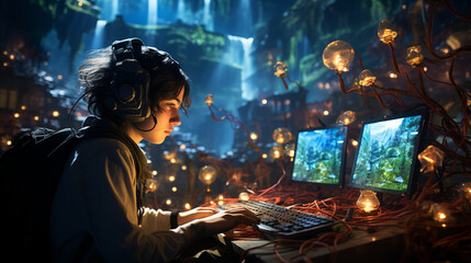 A teenager immersed in a massive multiplayer online game, exploring a fantastical digital realm