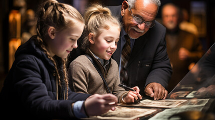 A child engrossed in an interactive history lesson on a digital tablet, surrounded by historical figures