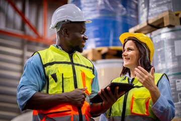 Team of young male and female engineers in a metal sheet factory Responsible work is being inspected at the actual work site.