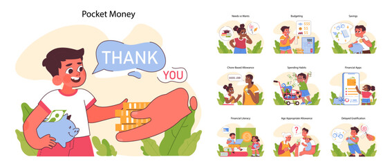 Fototapeta premium Pocket money set. Kids learning financial skills, from savings to budgeting. Allowance from parents for doing chores. Choosing between needs and wants. Financial literacy. Flat vector illustration