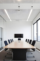 Fototapeta na wymiar Interior with a desk and an Elegant and empty meeting boardroom with a presentation