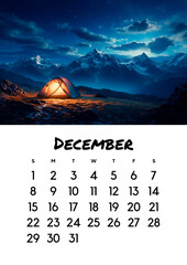 Month of december of the 2024 planner calendar in English. December calendar that starts on Sunday