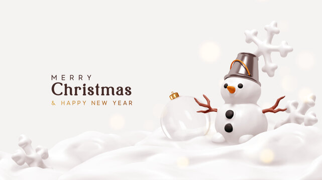 Christmas snowman with silver bucket on his head. Snowman in snow with white snowflakes. Realistic 3d cartoon style. Winter Christmas background. Vector illustration